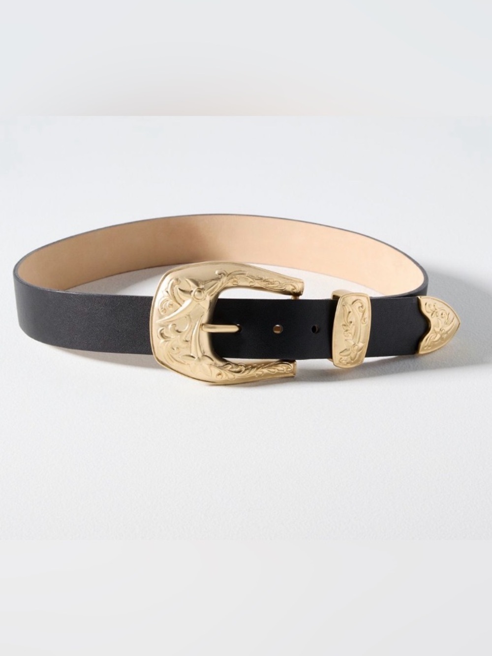 Anthropologie Streets Ahead Big Buckle Western Belt Gold Plated Leather Size XS - Picture 12 of 12